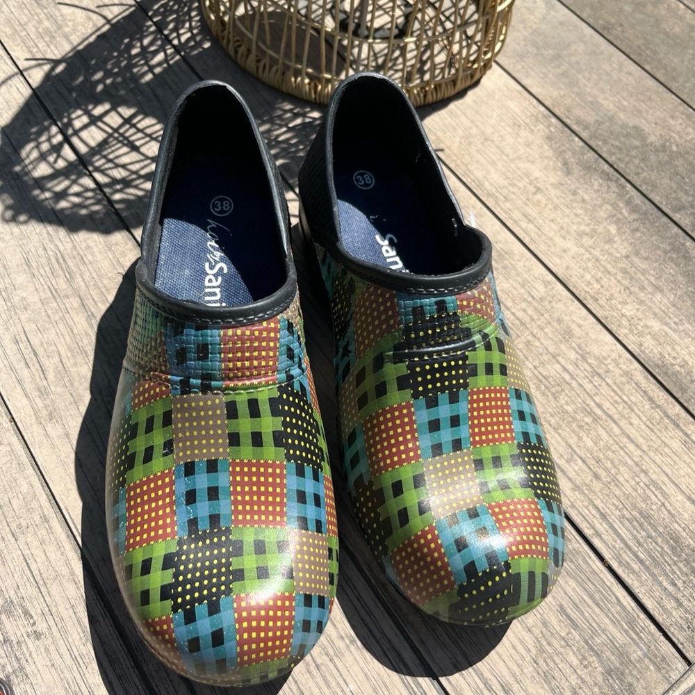 Sanita Black Clogs with Green and Multicolor Plaid Upper
